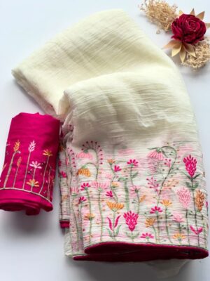 Pure crush chiffon  saree with embroidery design inspired from hand embroidery.Also it has piping lace on the border on either side of the saree